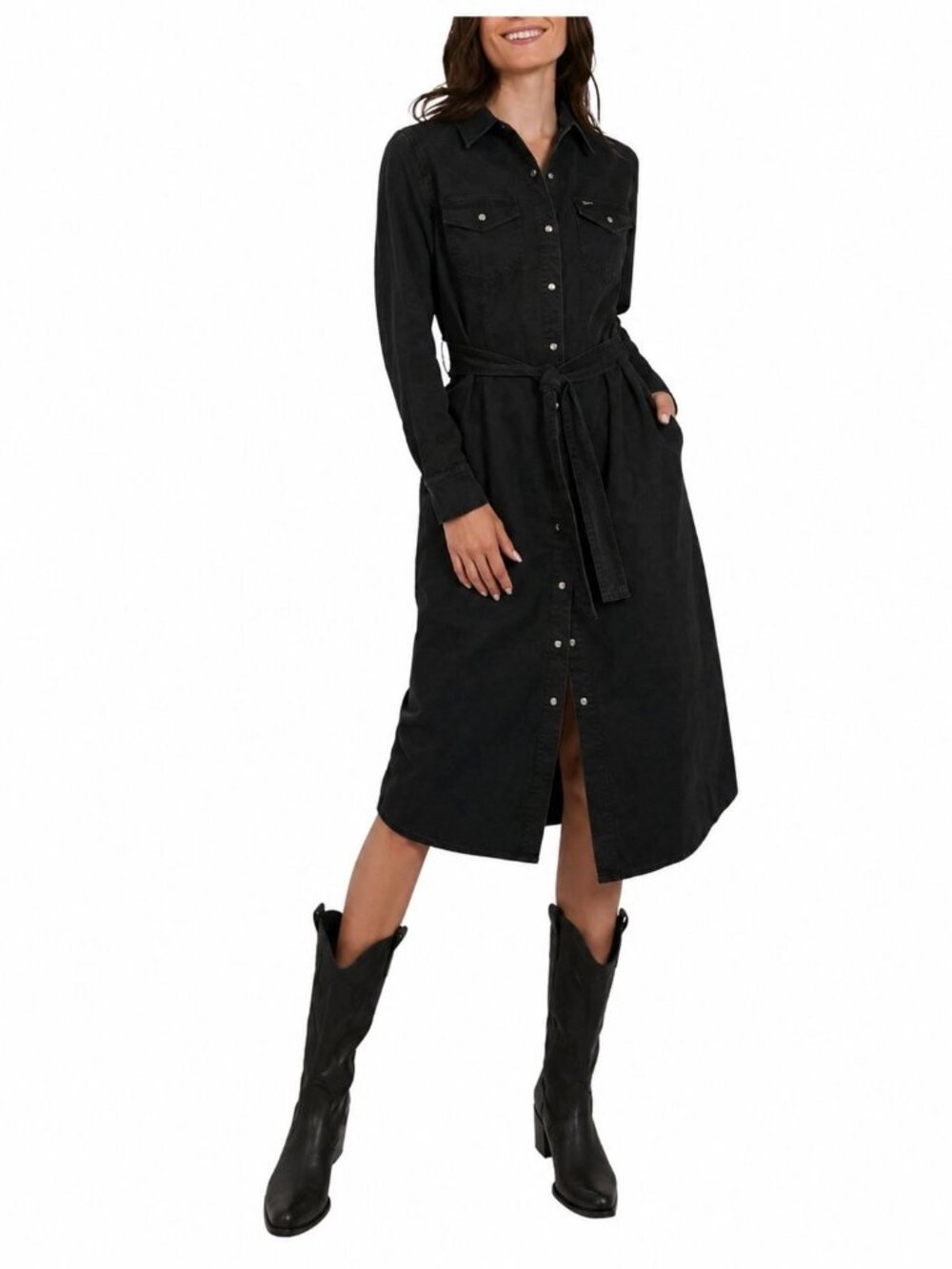 Wrangler Belted Denim Midi Dress XS Black Western Style - Picture 1 of 9